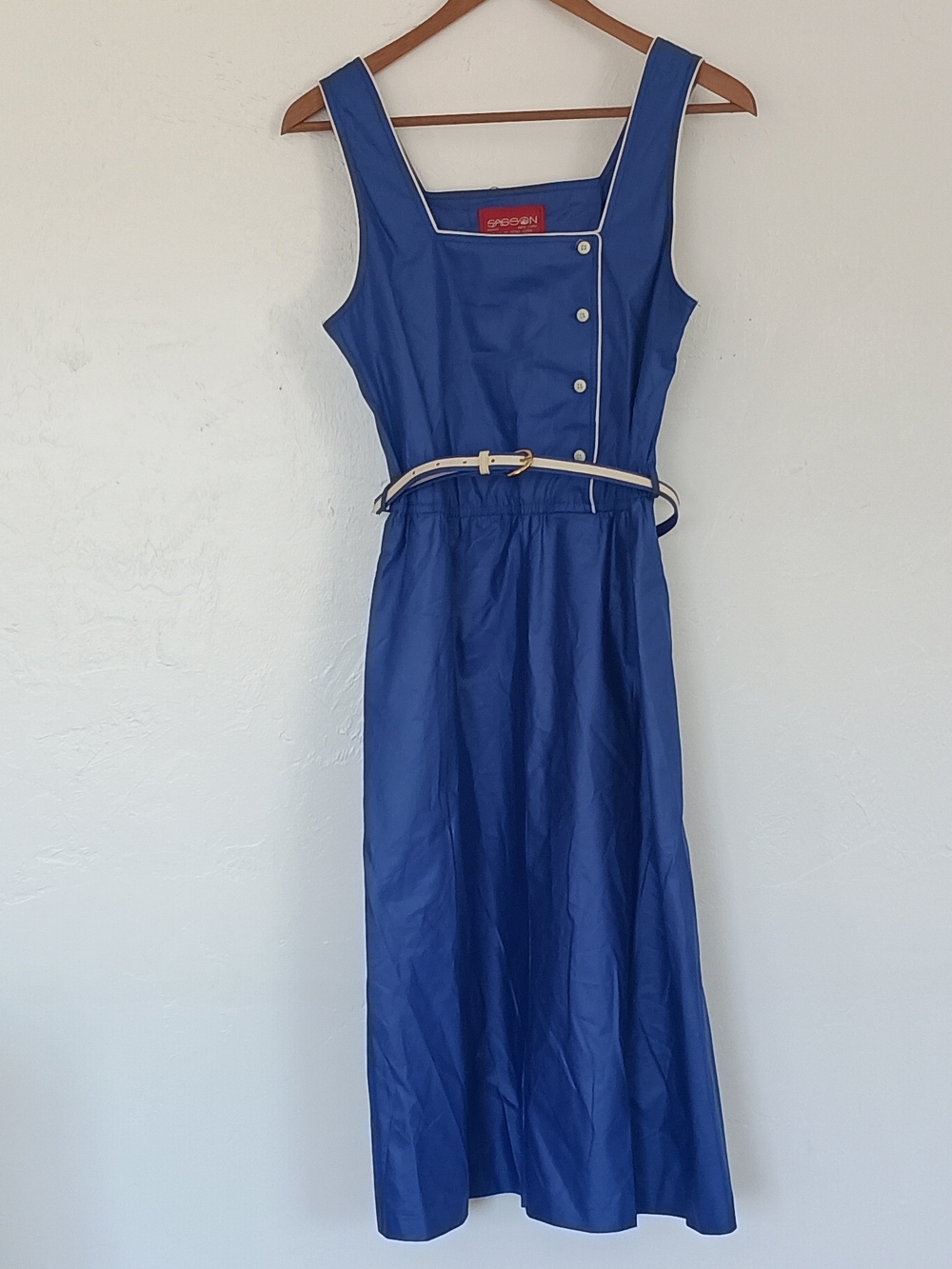 Vintage Sasson Cotton Blend Blue Sleeveless Midi Dress with Contrast Piping